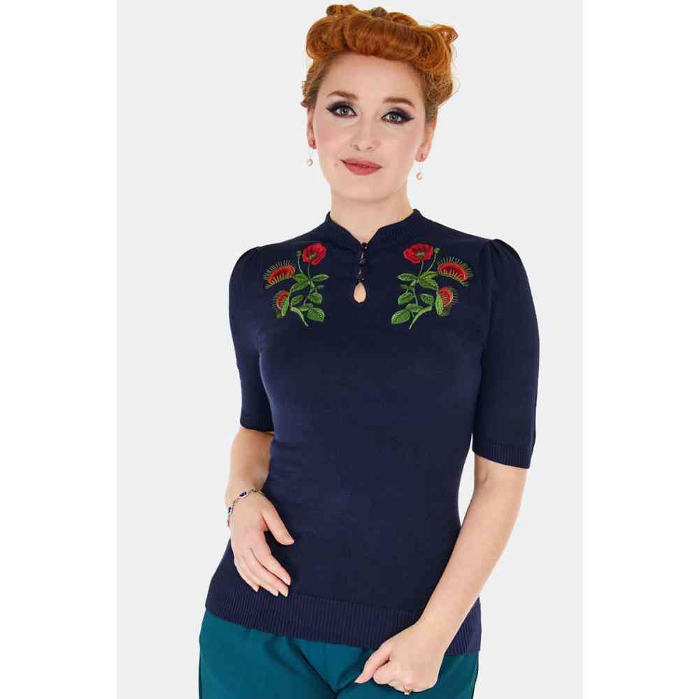 Voodoo Vixen - Venus Flytrap Embroidered Sweatshirt - Dunkelblau